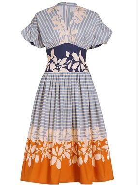 Silvia Tcherassi Armida Blue, Cream & Orange Floral Stripe cotton Midi Dress XS